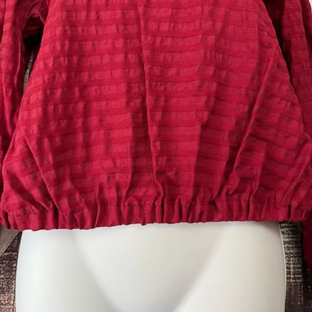 Loft striped wrap cropped v back elegant top puff sleeve casual blouse XS